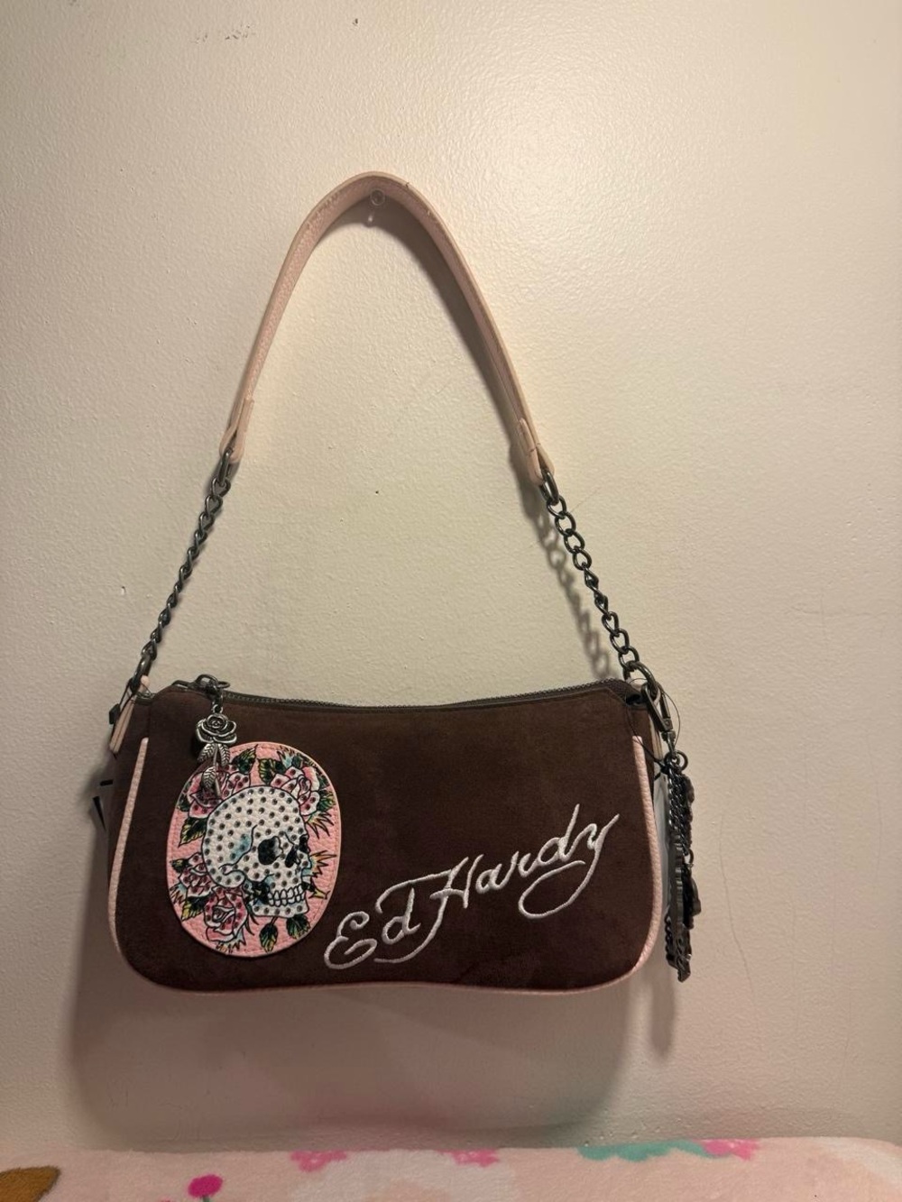 Ed Hardy Brown Suede Shoulder Bag with Skull Design & Charms